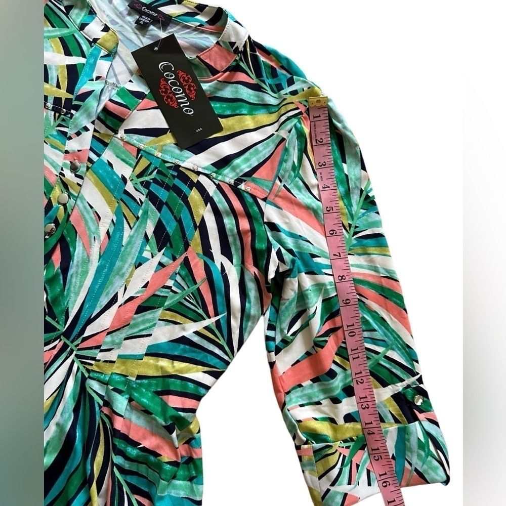 COCOMO XL Green Multicolored 3/4 sleeve Studded women’s Pintuck Blouse t… - Picture 11 of 12